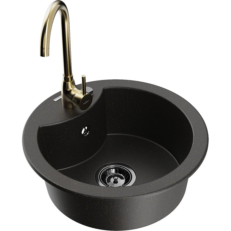 Zlewozmywak granitowy 1-komorowy Mexen Diego z baterią kuchenną Telma czarny/złoty 6512-75-670200-50-B