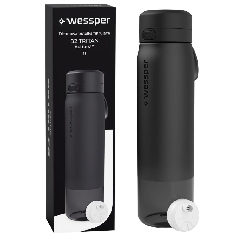 Butelka na wodę, Wessper, filtrująca, tritanowa, bidon, z filtrem wody, bez BPA, 1 L, B2 TRITAN Actitex, czarna, 1szt