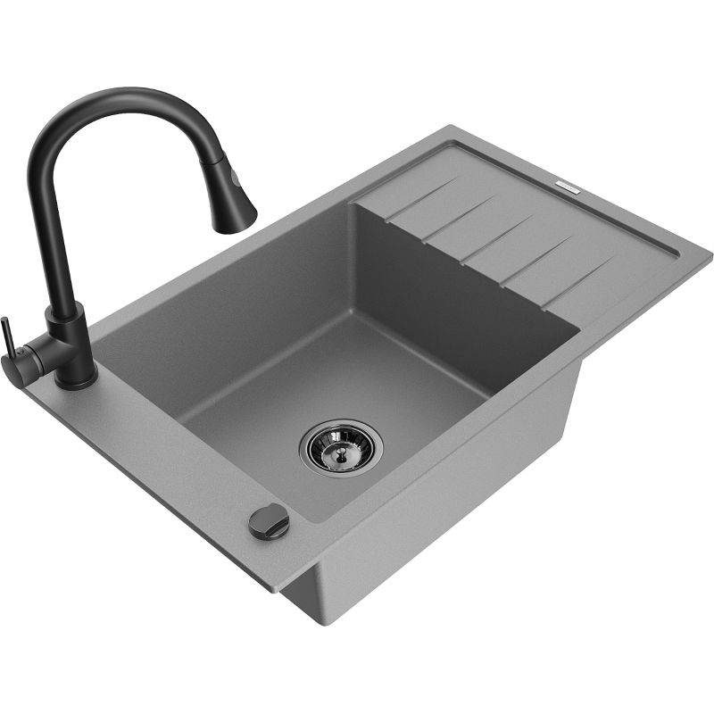 Zlewozmywak granitowy 1-komorowy Mexen Elias z ociekaczem i baterią kuchenną Elia szary 6511-71-670101-70-B