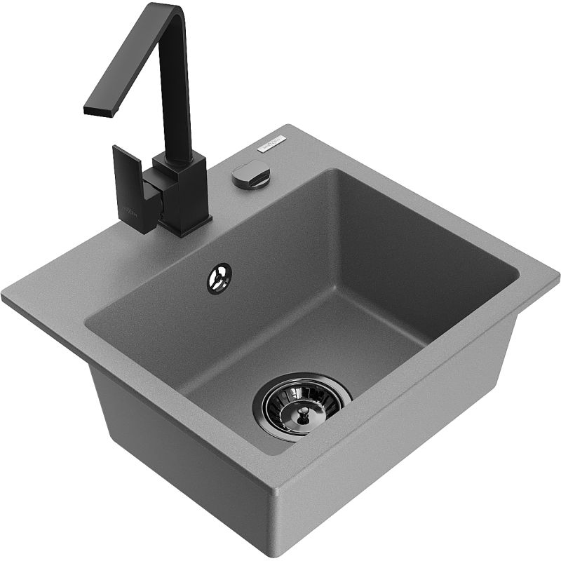 Zlewozmywak granitowy 1-komorowy Mexen Milo z baterią kuchenną Rita szary - 6505-71-670300-71 1 szt.