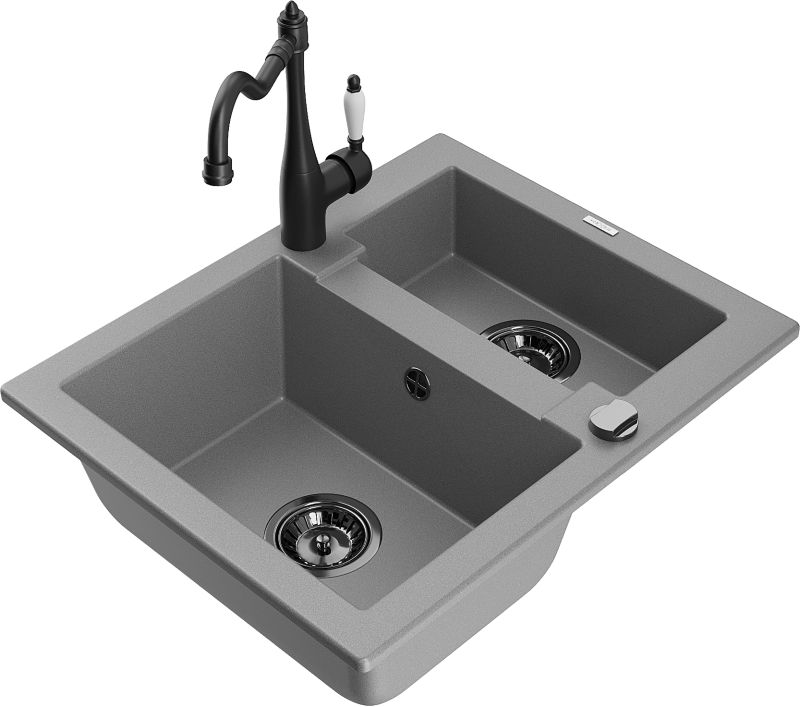 Zlewozmywak granitowy Mexen Carlos 1,5-komorowy z baterią kuchenną Carla szary 6518-71-670700-70-B