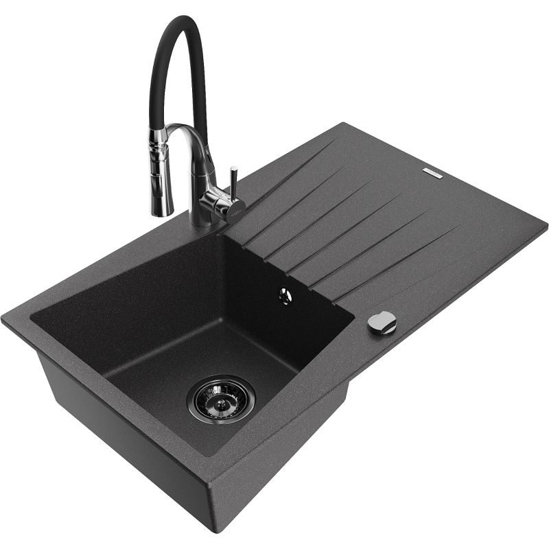 Zlewozmywak granitowy 1-komorowy Mexen Cesar z ociekaczem i baterią kuchenną Aster czarny nakrapiany 6514-76-73450-07-B