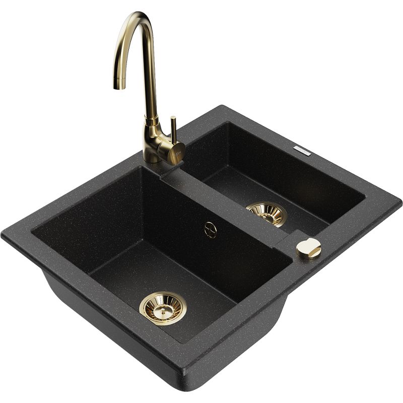 Zlewozmywak granitowy 1.5-komorowy Mexen Carlos z baterią kuchenną Telma czarny/srebrny metalik 6518-73-670200-50