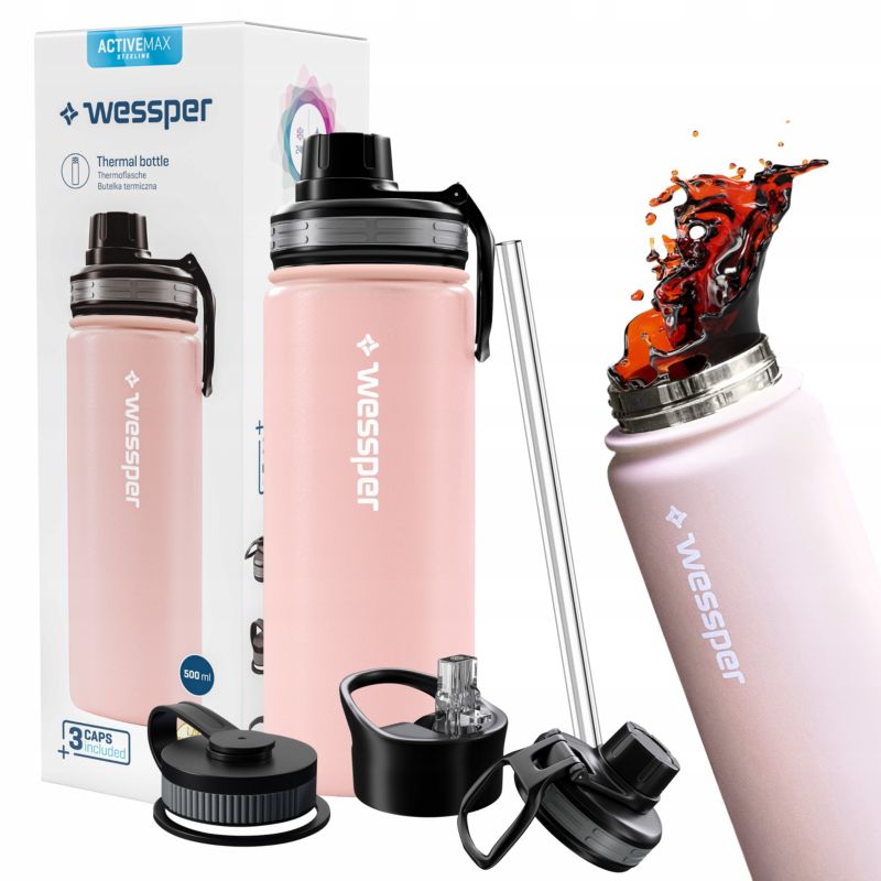 Butelka termiczna, Wessper, termos, kubek termiczny, zestaw z 3 nasadkami do picia, 500ml, stal nierdzewna, różowy, 1szt