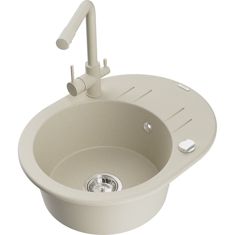 Zlewozmywak granitowy 1-komorowy Mexen Kevin z ociekaczem i baterią kuchenną Duero beżowy 6517-69-671600-69