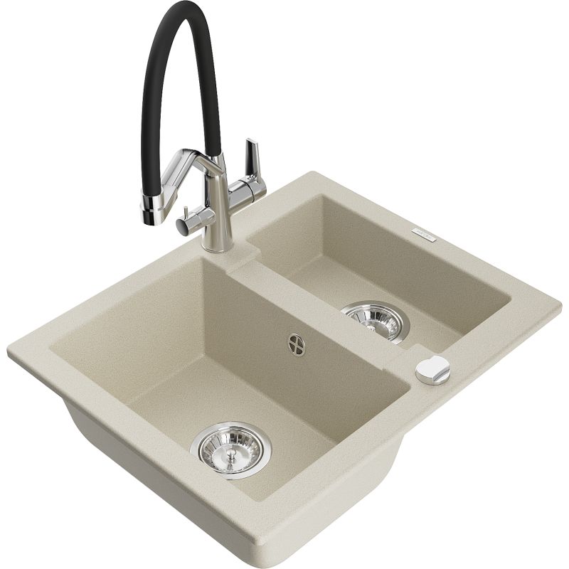 Zlewozmywak granitowy 1.5-komorowy Mexen Carlos z baterią kuchenną Duo beżowy 6518-69-671701-07