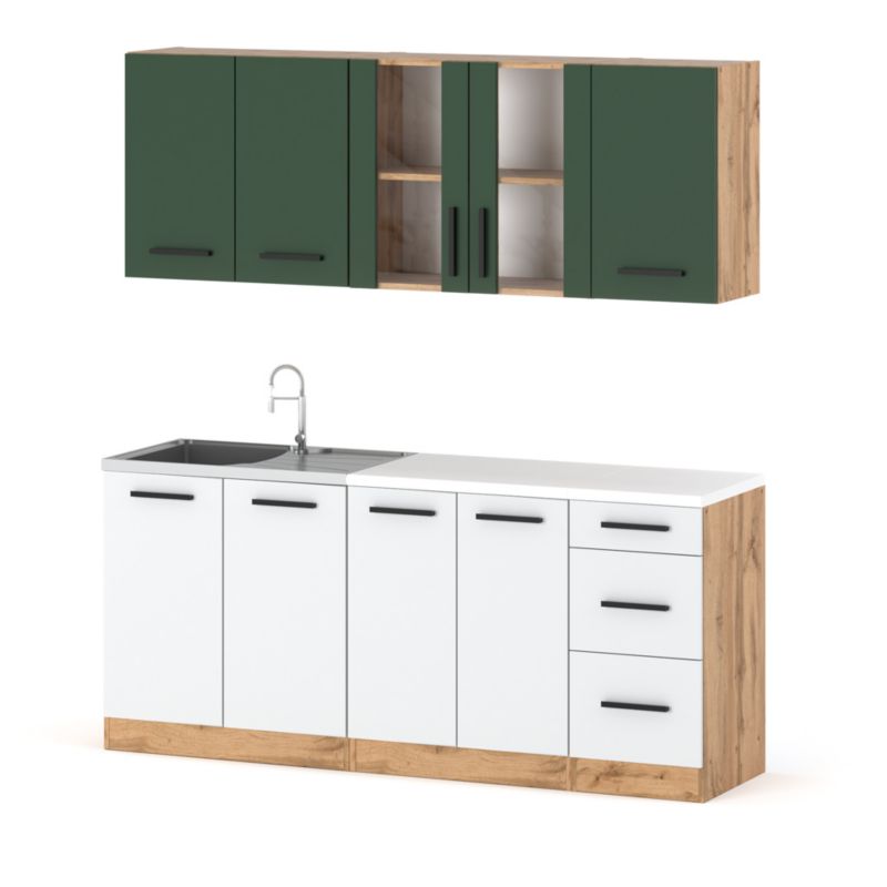 Zestaw Kuchenny Hurtownia-Mebli Z Blatem Kuchnia Rest 200cm Dąb Wotan Butelkowa Zieleń/Biały Mat 200x47x145 cm 1szt.