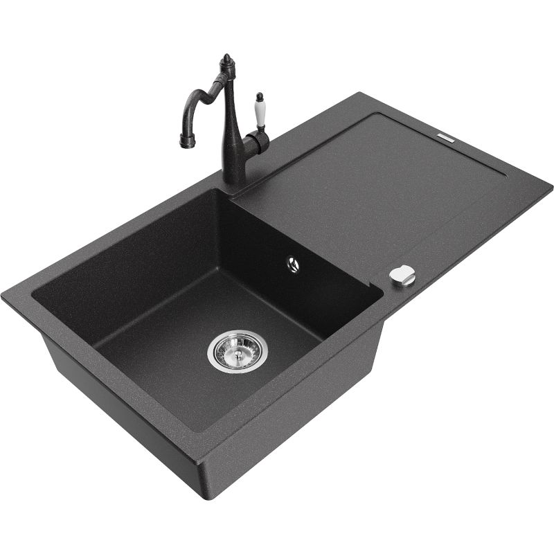 Zlewozmywak granitowy 1-komorowy Mexen Leo z ociekaczem i baterią Carla czarny/srebrny metalik - 6501-73-670700-70 1 szt.