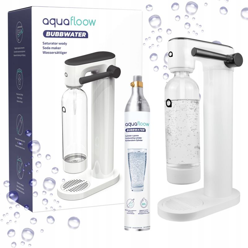 Saturator, AquaFloow, do gazowania wody, napojów gazowanych, zestaw z cylindrem CO2, butelką na wodę 0,8L, 3szt