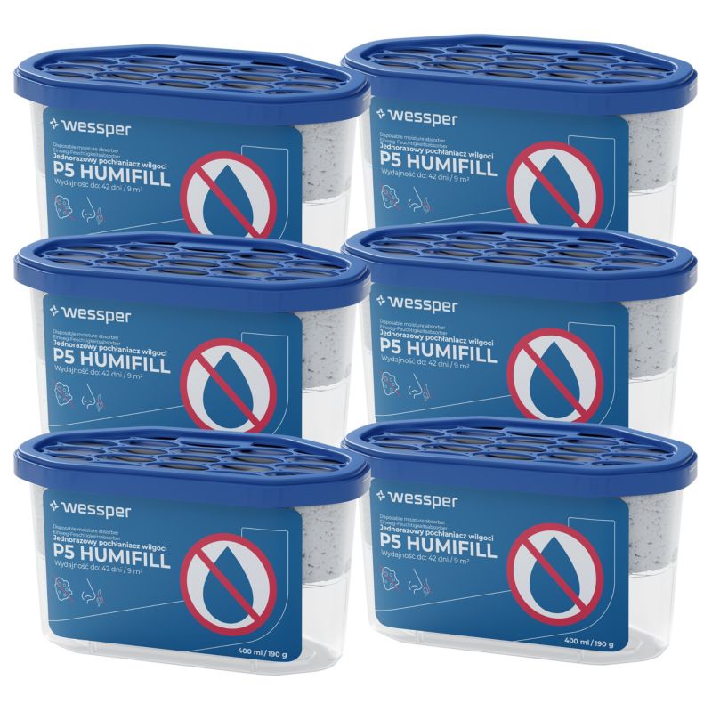 Pochłaniacz wilgoci, Wessper P5 HUMIFILL, osuszacz powietrza, jednorazowy, przeciw wilgoci, bezzapachowy, 400ml, 9m2, 42 dni, 6szt