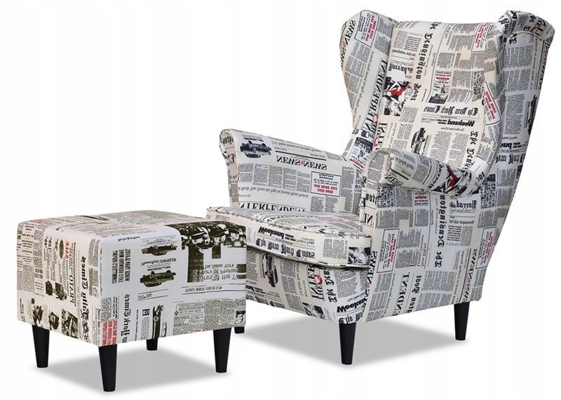 Fotel uszak do salonu z podnóżkiem Family Meble ARI PRINT gazeta 1szt