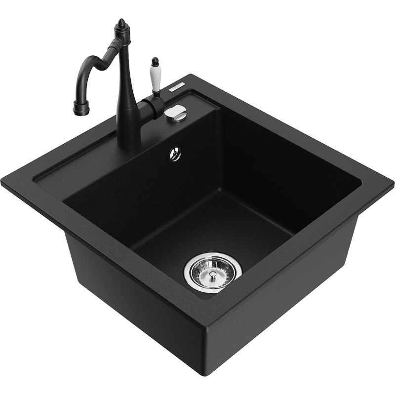 Zlewozmywak granitowy 1-komorowy Mexen Vito z baterią kuchenną Carla czarny/srebrny metalik - 6503-73-670700-70 1 szt.