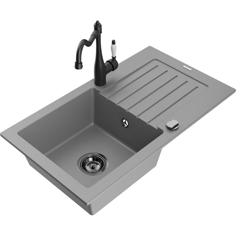 Zlewozmywak granitowy 1-komorowy Mexen Pablo z ociekaczem i baterią kuchenną Carla szary 6510-71-670700-70-B