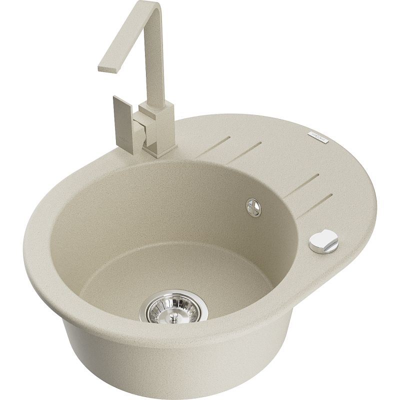 Zlewozmywak granitowy 1-komorowy Mexen Kevin z ociekaczem i baterią kuchenną Rita beżowy 6517-69-670300-69