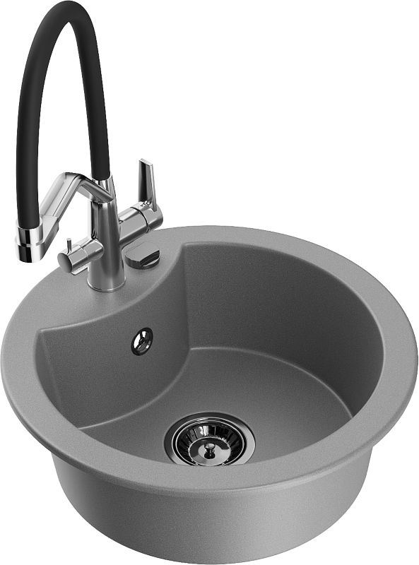 Zlewozmywak granitowy Mexen Diego 1-komorowy z baterią kuchenną Duo szary 6512-71-671701-07-B