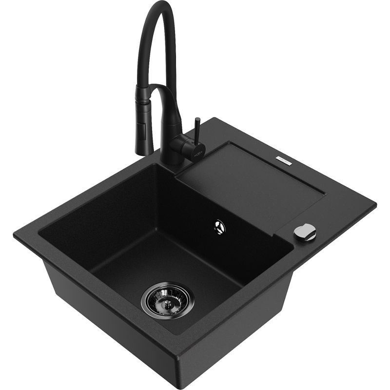 Zlewozmywak granitowy 1-komorowy Mexen Enzo z ociekaczem i baterią kuchenną Aster czarny nakrapiany - 6506-76-73450-70-B 1 szt.