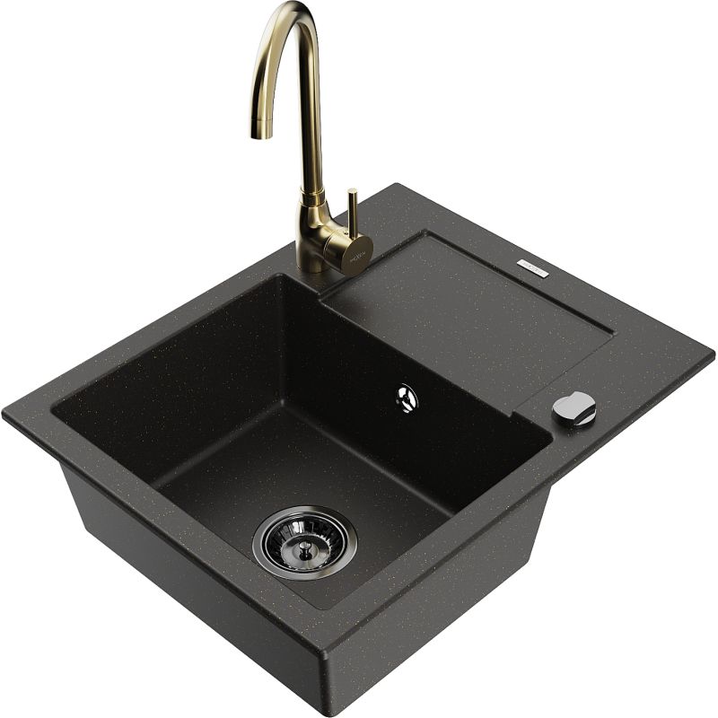 Zlewozmywak granitowy 1-komorowy Mexen Enzo z ociekaczem i baterią kuchenną Telma czarny/złoty 6506-75-670200-50-B