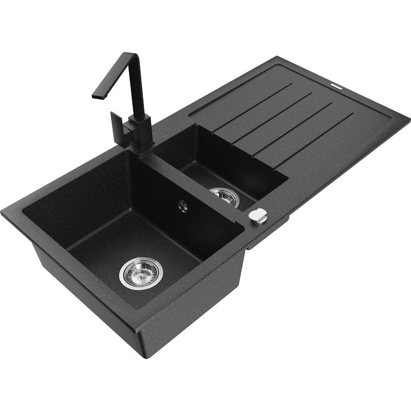 Zlewozmywak granitowy 1.5-komorowy Mexen Andres z ociekaczem i baterią Rita czarny/srebrny metalik - 6515-73-670300-50 1 szt.