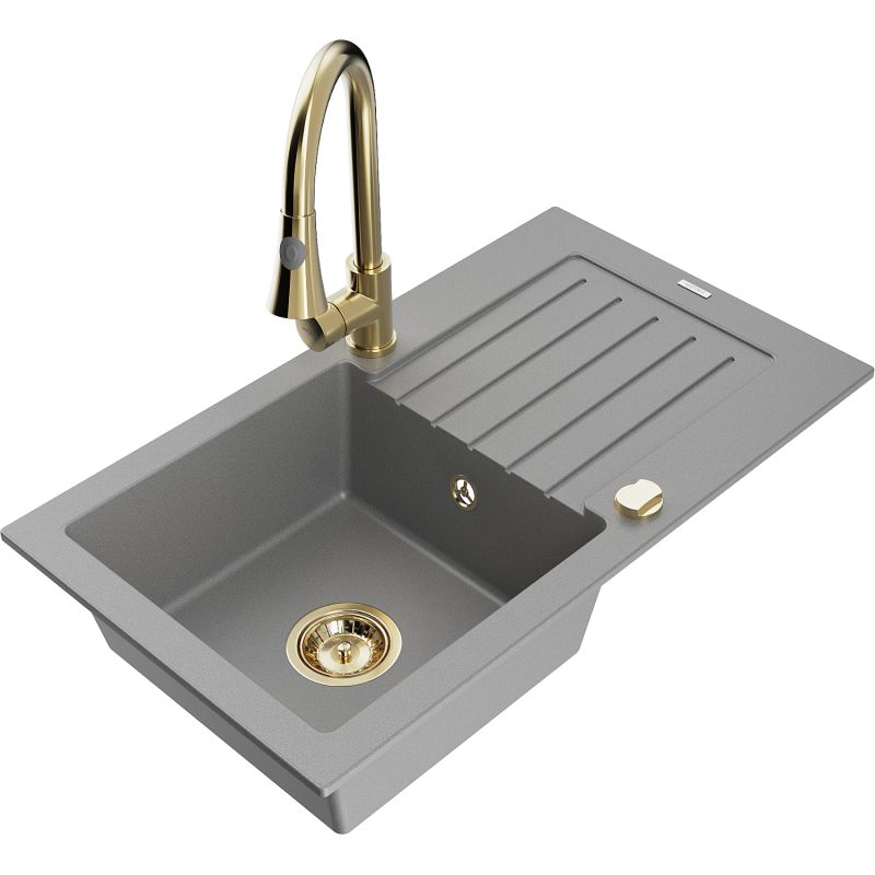 Zlewozmywak granitowy 1-komorowy Mexen Pablo z ociekaczem i baterią kuchenną Elia szary 6510-71-670101-50