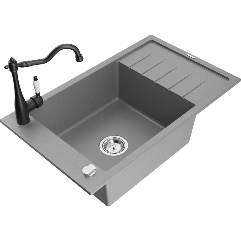 Zlewozmywak granitowy 1-komorowy Mexen Elias z ociekaczem i baterią kuchenną Carla szary 6511-71-670700-70