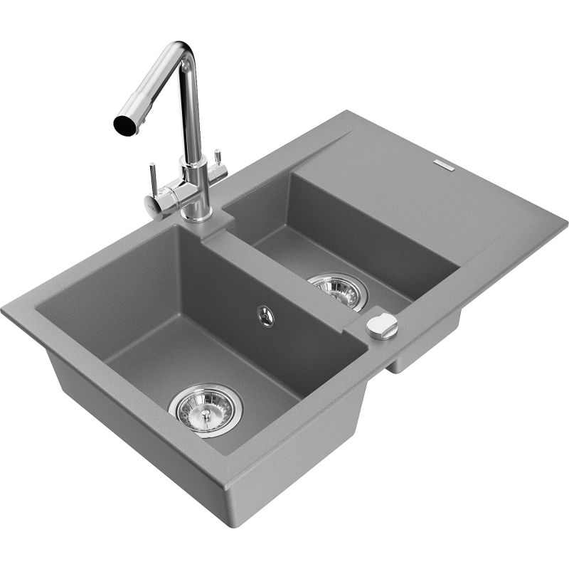Zlewozmywak granitowy 1.5-komorowy Mexen Gaspar z ociekaczem i baterią kuchenną Duero szary 6507-71-671600-00