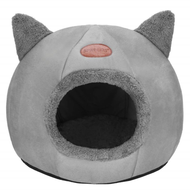 Legowisko dla kota Springos domek z antypoślizgową podstawą 37x31x36 cm budka z uszami szara 1 szt.