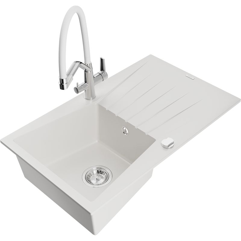 Zlewozmywak granitowy 1-komorowy Mexen Cesar z ociekaczem i baterią kuchenną Duo biały 6514-20-671701-02