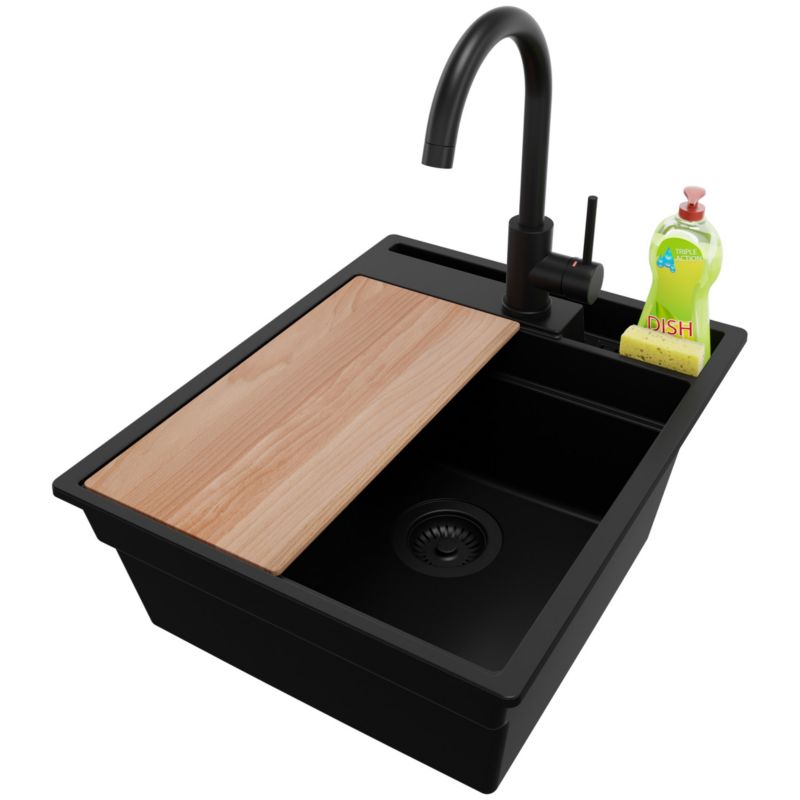 Zlewozmywak Granitowy Oslo Pocket PRIMAGRAN Nablatowy 43x53cm do szafki od 45cm z Syfonem i Baterią i Dodatkiem Cały Czarny 1 szt.