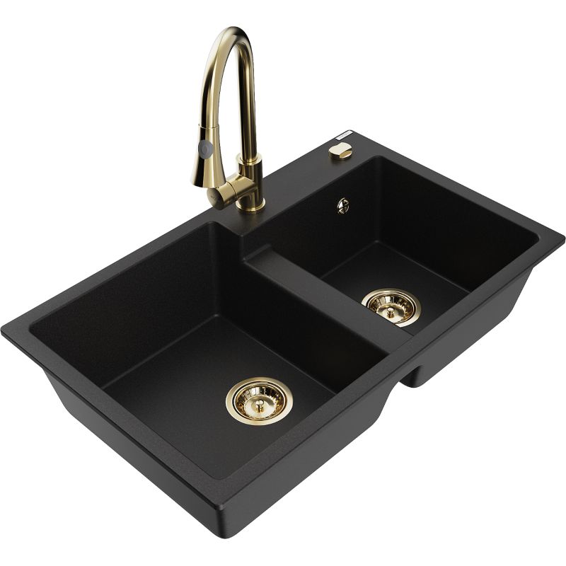 Zlewozmywak granitowy 2-komorowy Mexen Tomas z baterią kuchenną Elia czarny 6516-77-670101-50