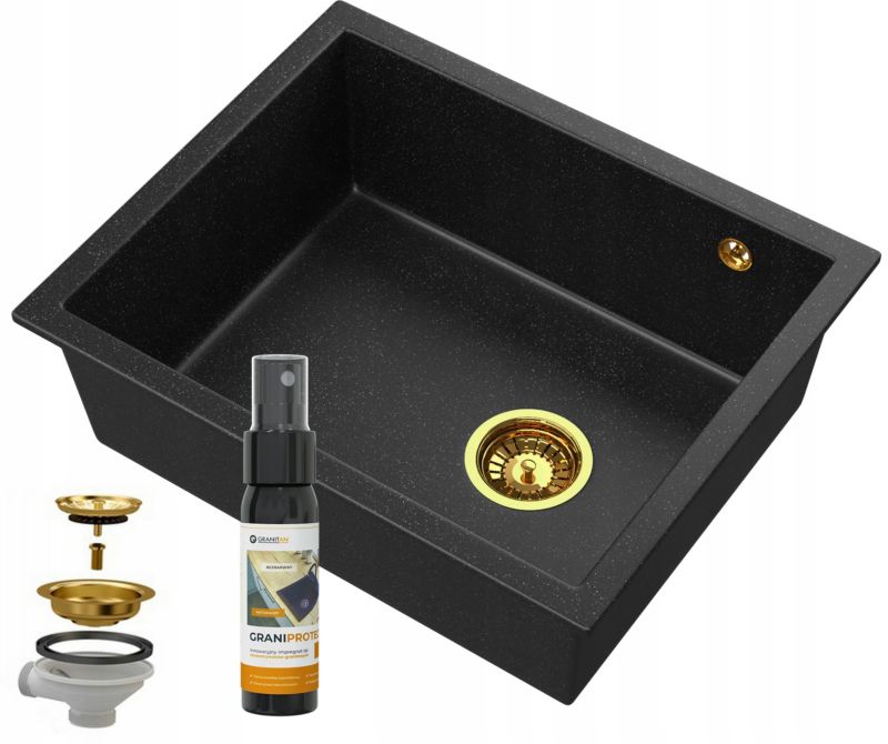 Zlew Granitowy Granitan Jednokomorowy Podblatowy Granitan Salix Czarny Syfon Złoty 1 kpt.