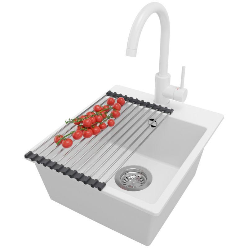 Zlewozmywak Granitowy Ryga Easy PRIMAGRAN Nablatowy 38x44cm do szafki od 40cm z Syfonem i Baterią i Dodatkiem Biały 1 szt.