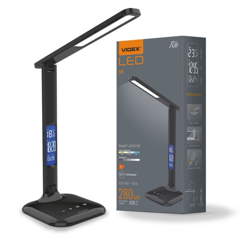 Lampka biurkowa Videx czarna LED 4.5W 3000K / 4000K / 6500K 490lm IP20 wym: 32.9 x 15 x 15 cm tworzywo sztuczne - 1 szt.