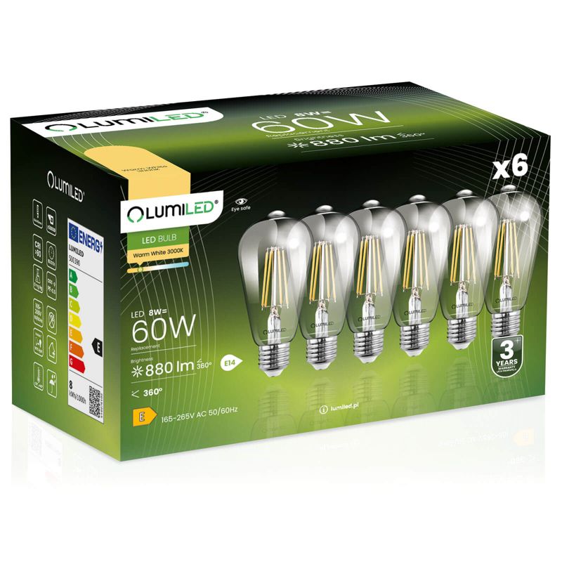 Żarówka LED LUMILED E27 ST64 8W 880lm 3000K 360st FILAMENT 6 szt.