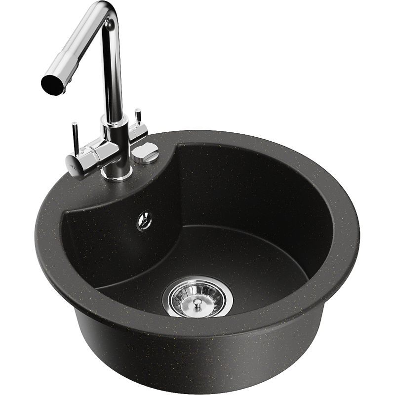 Zlewozmywak granitowy 1-komorowy Mexen Diego z baterią kuchenną Duero czarny/złoty metalik 6512-75-671600-00