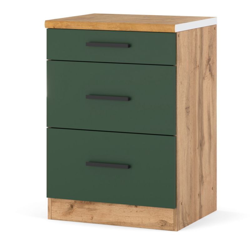 Szafka Kuchenna Hurtownia-Mebli Stojąca Z Szufladami Blanka dolna D60-3SZ 60cm Dąb Wotan Butelkowa Zieleń 60x47x85 cm 1szt.