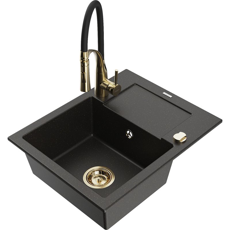 Zlewozmywak granitowy 1-komorowy Mexen Enzo z ociekaczem i baterią kuchenną Aster czarny/złoty metalik 6506-75-73450-57-G