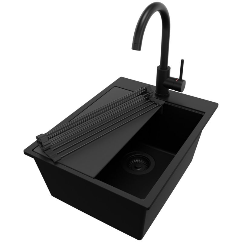 Zlewozmywak Granitowy Oslo PRIMAGRAN Nablatowy 38x50cm do szafki od 40cm z Syfonem i Baterią i Dodatkiem Cały Czarny 1 szt.