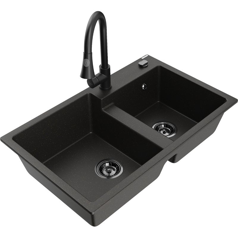 Zlewozmywak granitowy 2-komorowy Mexen Tomas z baterią kuchenną Elia szary - 6516-71-670101-71 1 szt.