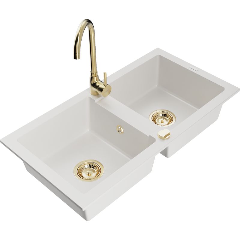 Zlewozmywak granitowy 2-komorowy Mexen Mario z baterią kuchenną Telma czarny - 6504-77-670200-00 1 szt.