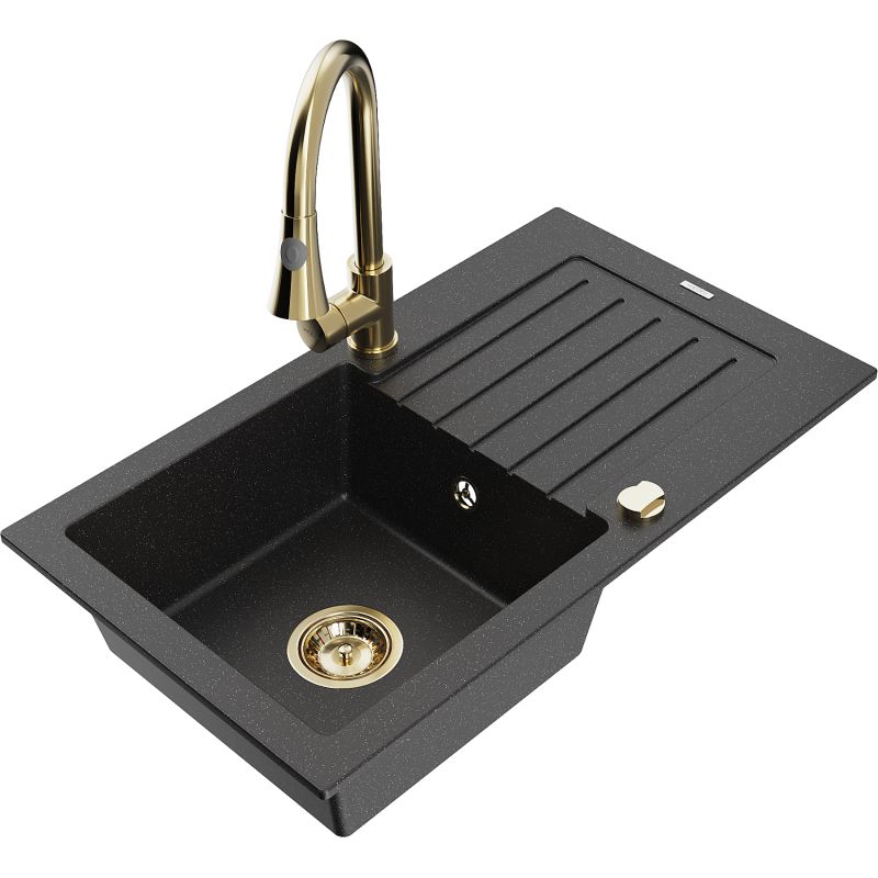 Zlewozmywak granitowy 1-komorowy Mexen Pablo z ociekaczem i baterią kuchenną Elia czarny/srebrny metalik 6510-73-670101-50