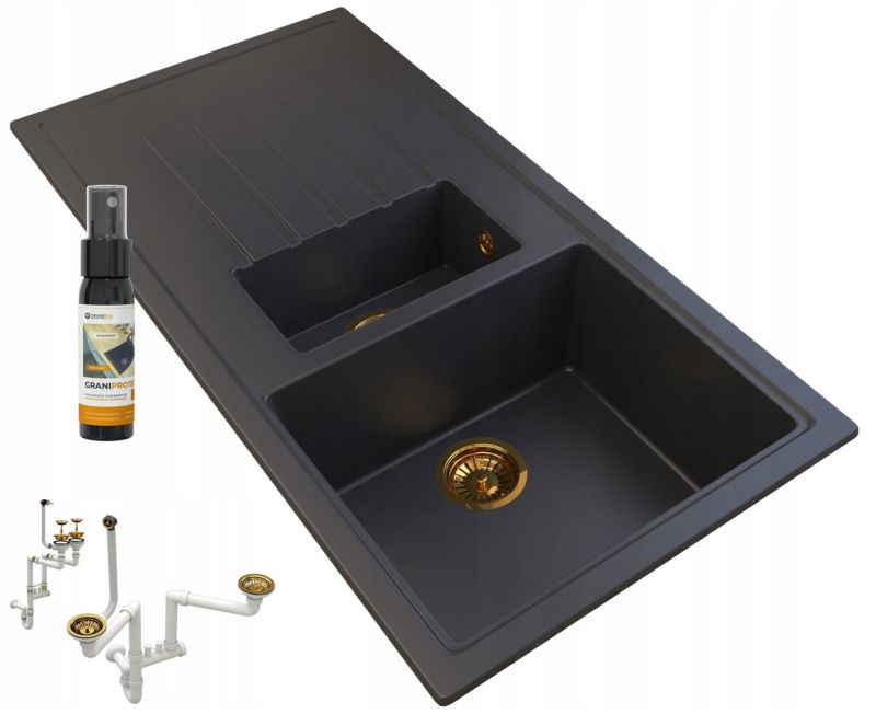 Zlew Granitowy Granitan Solaris Czarny Syfon Złoty 1 kpt.