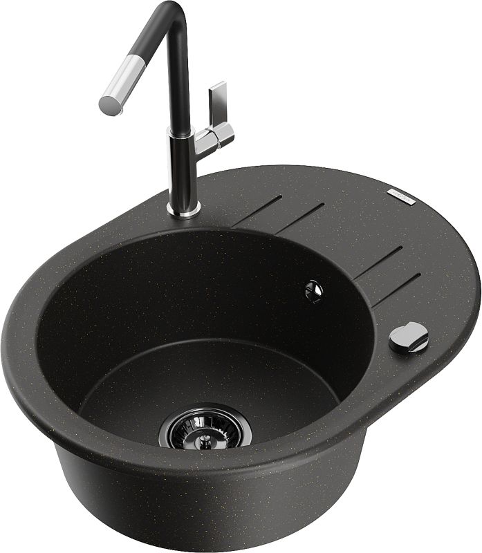 Zlewozmywak granitowy Mexen Kevin 1-komorowy z ociekaczem i baterią kuchenną Flora czarny/złoty 6517-75-670401-07-B