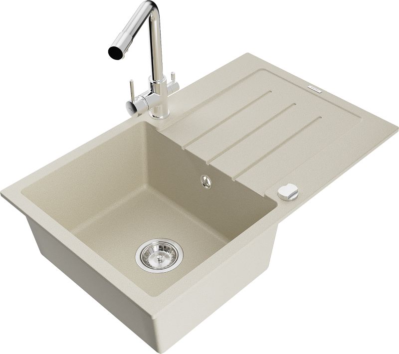 Zlewozmywak granitowy Mexen Bruno 1-komorowy z ociekaczem i baterią kuchenną Duo beżowy - 6513-69-671701-07-B 1 szt.