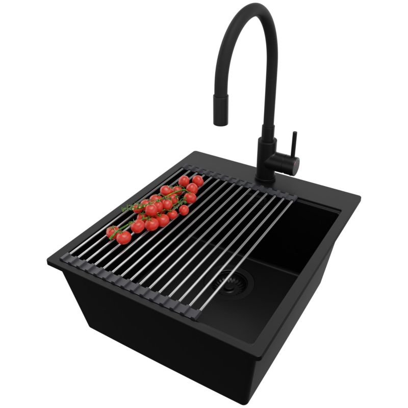 Zlewozmywak Granitowy Oslo PRIMAGRAN Nablatowy 43x50cm do szafki od 45cm z Syfonem i Baterią i Dodatkiem Cały Czarny 1 szt.