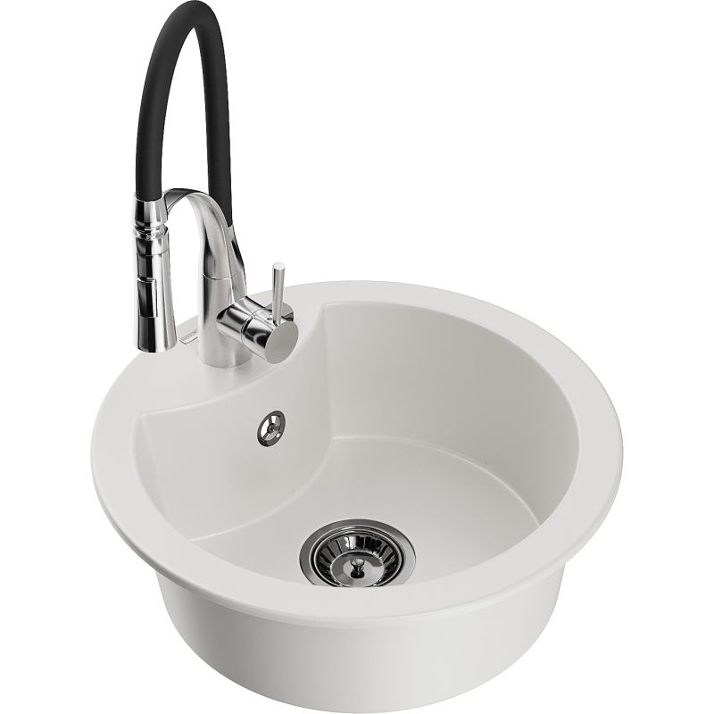 Zlewozmywak granitowy 1-komorowy Mexen Diego z baterią kuchenną Aster biały 6512-20-73450-07-B