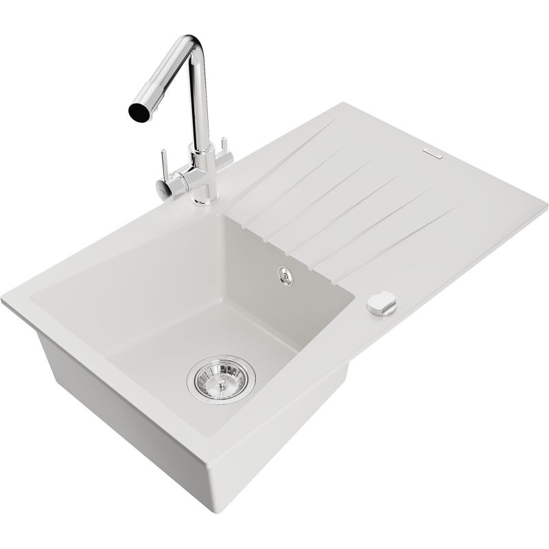 Zlewozmywak granitowy 1-komorowy Mexen Cesar z ociekaczem i baterią kuchenną Duero biały 6514-20-671600-00