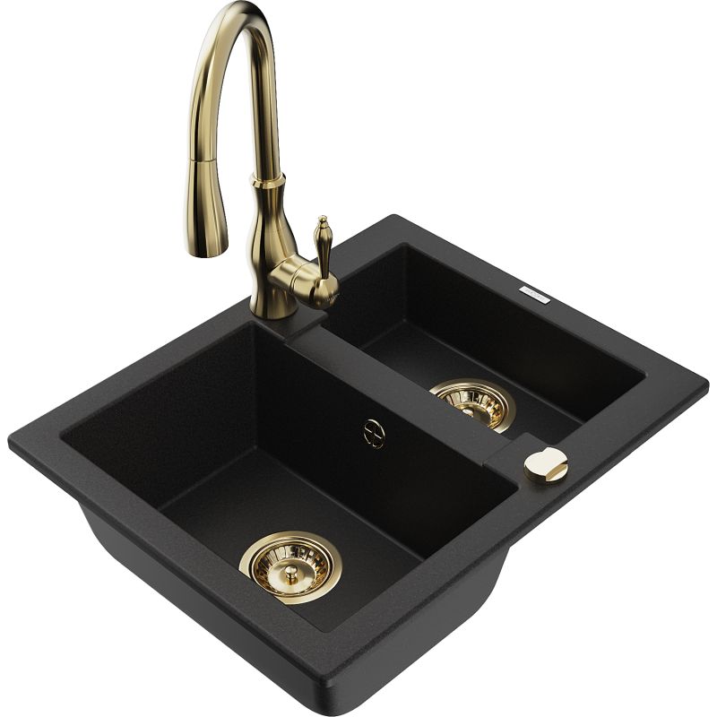 Zlewozmywak granitowy 1.5-komorowy Mexen Carlos z baterią kuchenną Savita czarny 6518-77-672601-50