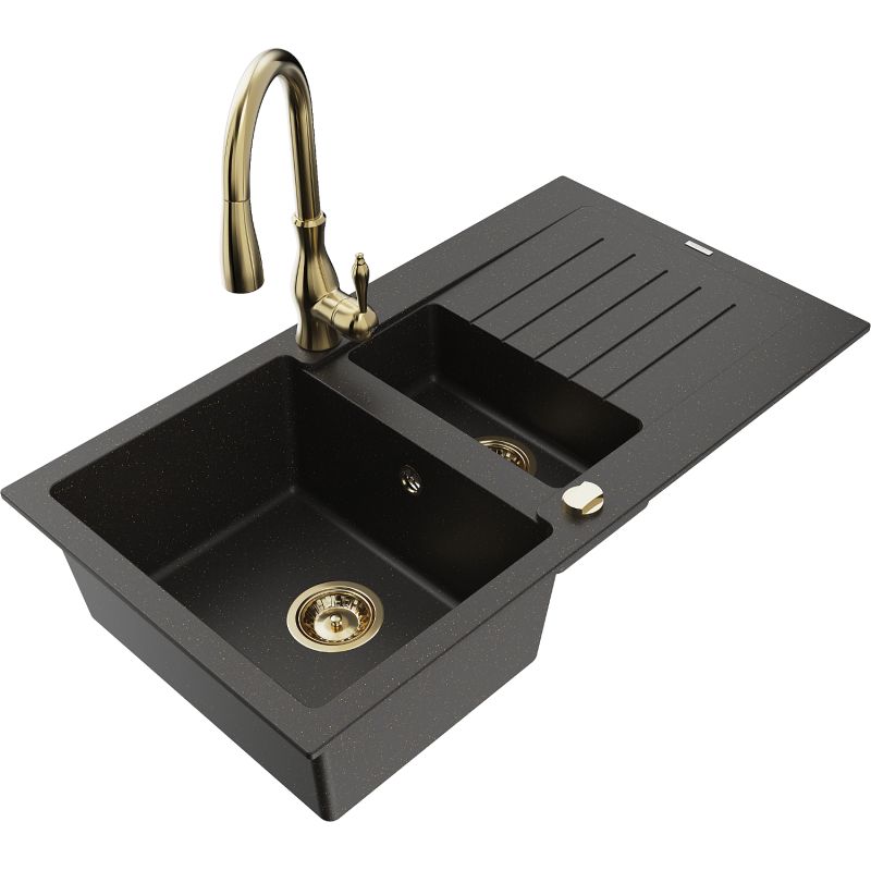 Zlewozmywak granitowy 1.5-komorowy Mexen Matias z ociekaczem i baterią kuchenną Savita czarny/złoty 6502-75-672601-50