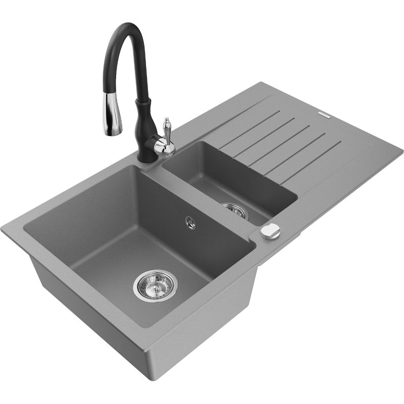 Zlewozmywak granitowy 1.5-komorowy Mexen Matias z ociekaczem i baterią kuchenną Savita szary 6502-71-672601-70