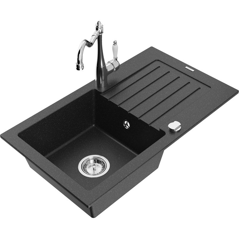 Zlewozmywak granitowy 1-komorowy Mexen Pablo z ociekaczem i baterią kuchenną Carla czarny/srebrny metalik 6510-73-670700-00